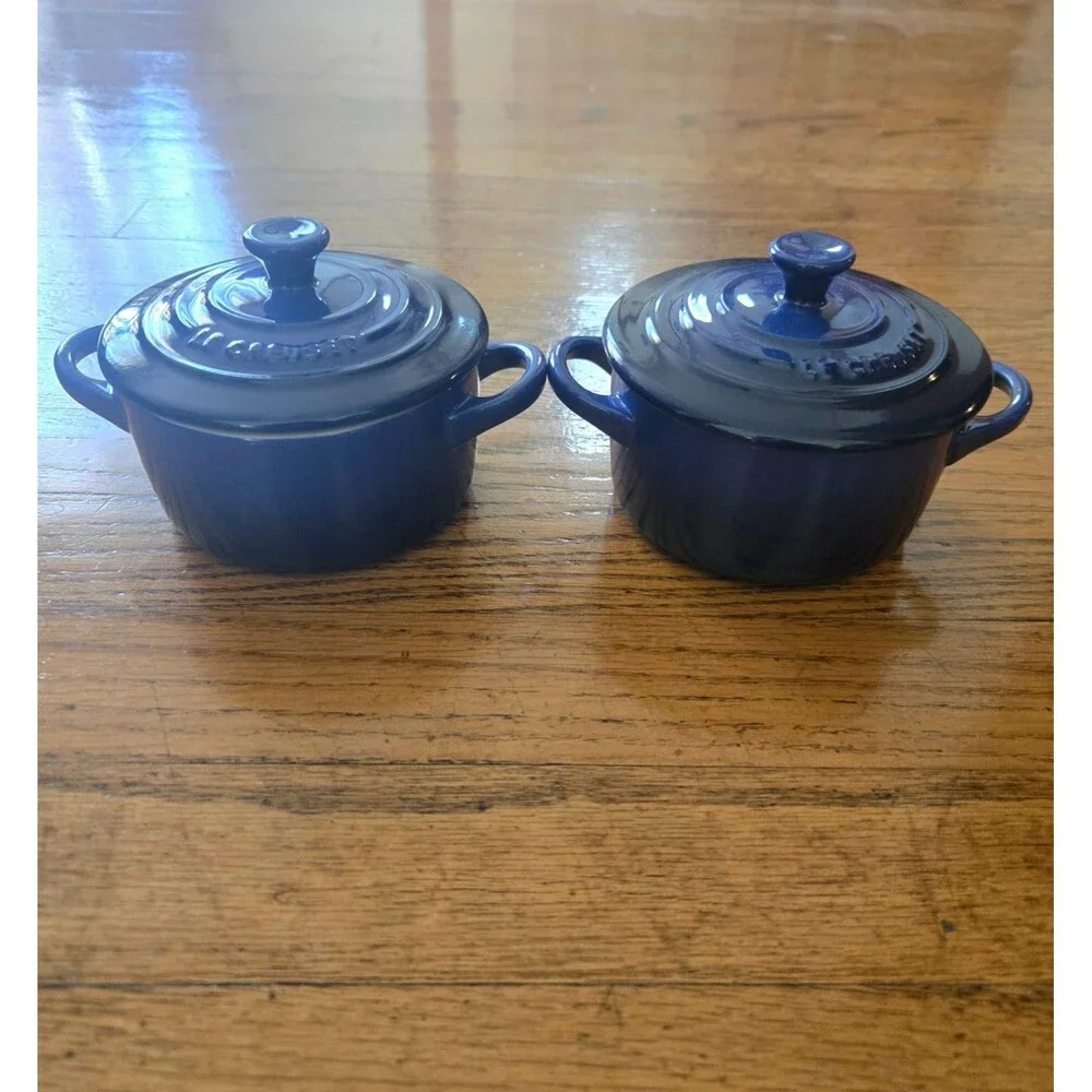 Set of 2 Le Creuset 8oz Mini Round Cocottes Stoneware Cobalt Blue